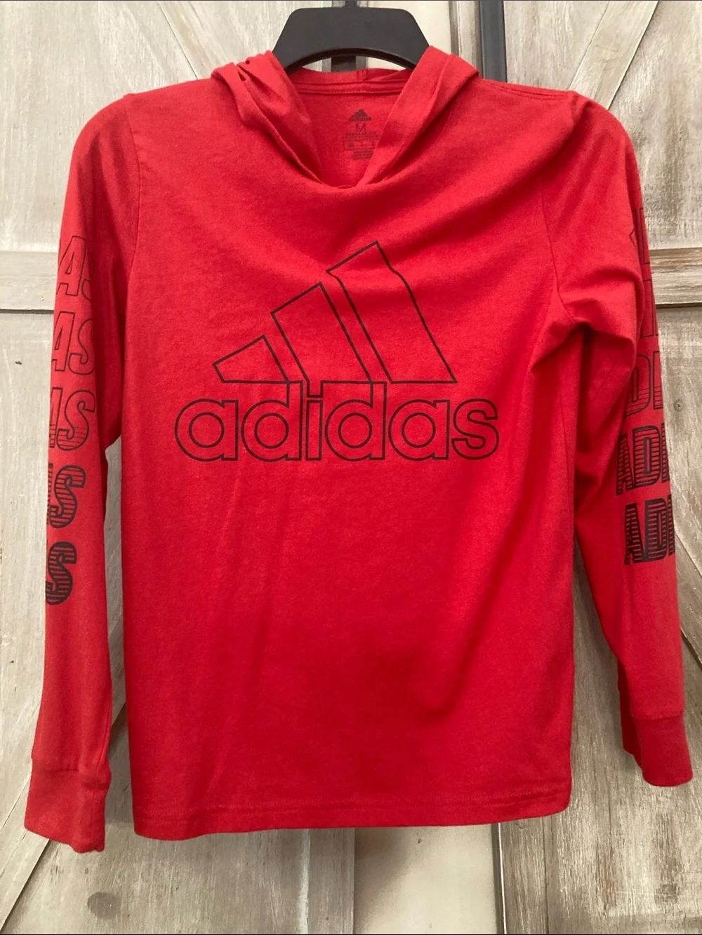 adidas Kids Red Long Sleeve Hoodie with Black Logo Size Medium